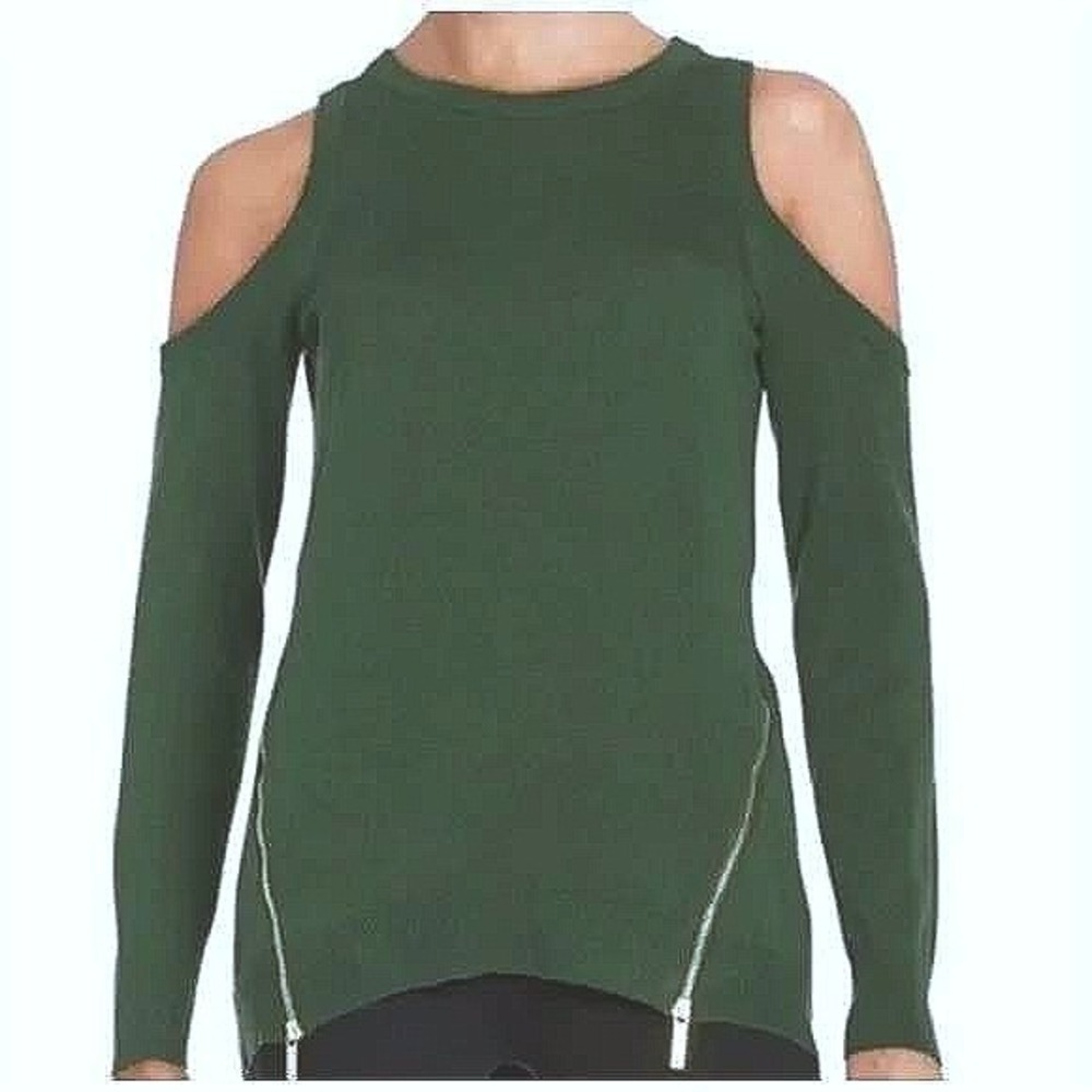 MICHAEL Michael Kors Cold‎ Shoulder Sweater Green Gold Zip XL